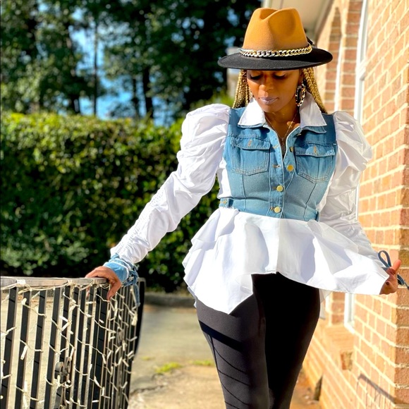 Tops - Denim Scrunch Sleeve Blouse Long Sleeve